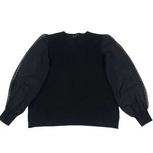 adrianna papell Sheer Balloon Sleeve Sweater L Black ditsy Polka Dot romantic